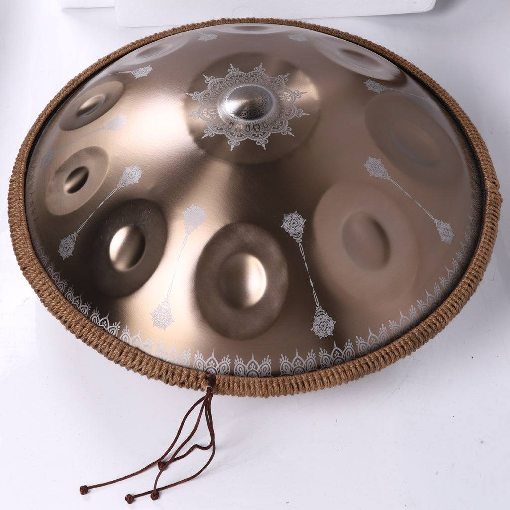 440HZ Steel Tongue Drum D Minor 10 Notes Handpan Drum Golden with Mandala Pattern